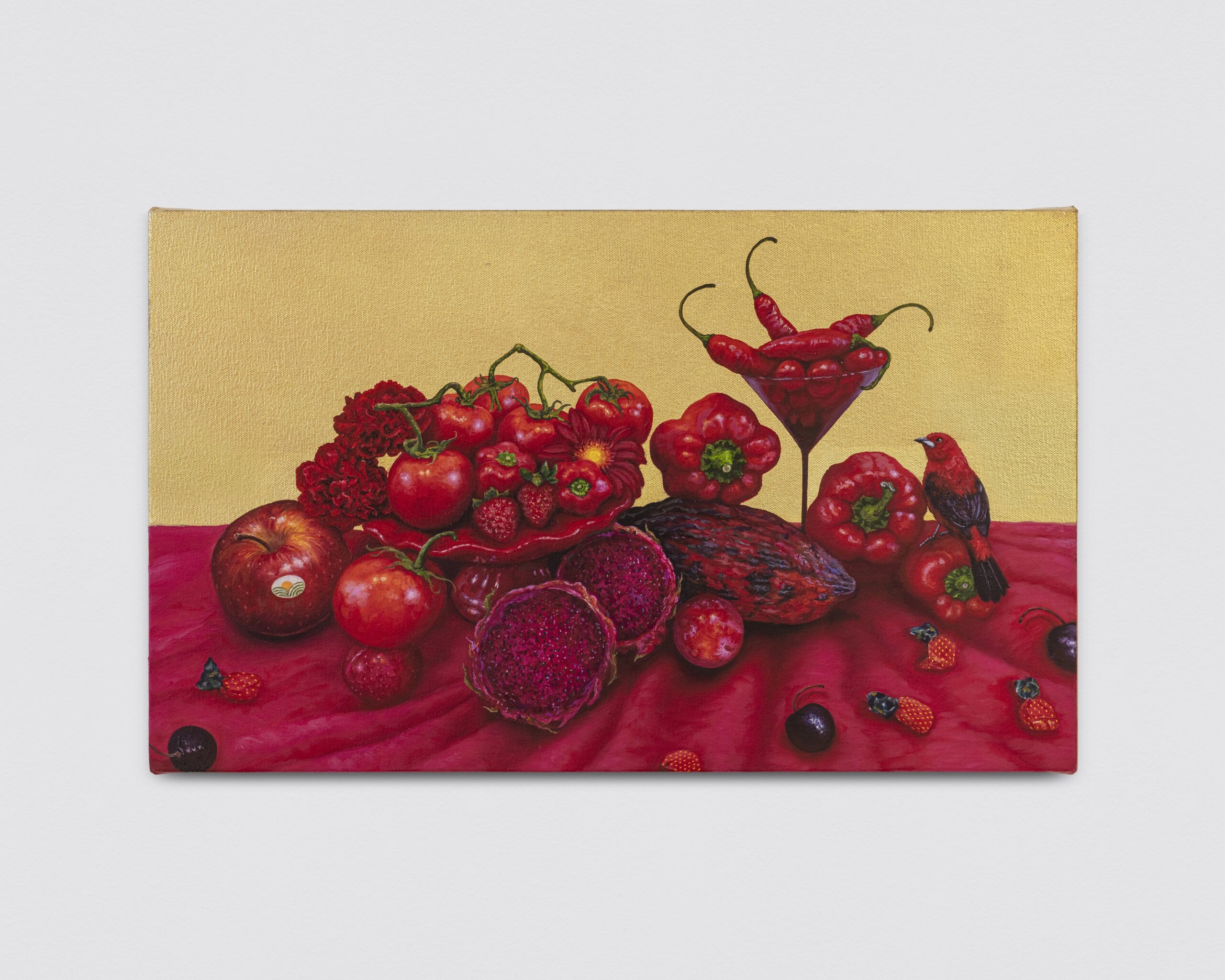 Ana Elisa Egreja<br><em>Red Still Life (Sunset) [Natureza Morta Vermelha]</em>, 2026<br>Oil and 24 karat gold leaf on canvas<br>14 1/8 x 23 5/8 inches / 36 x 60 cm