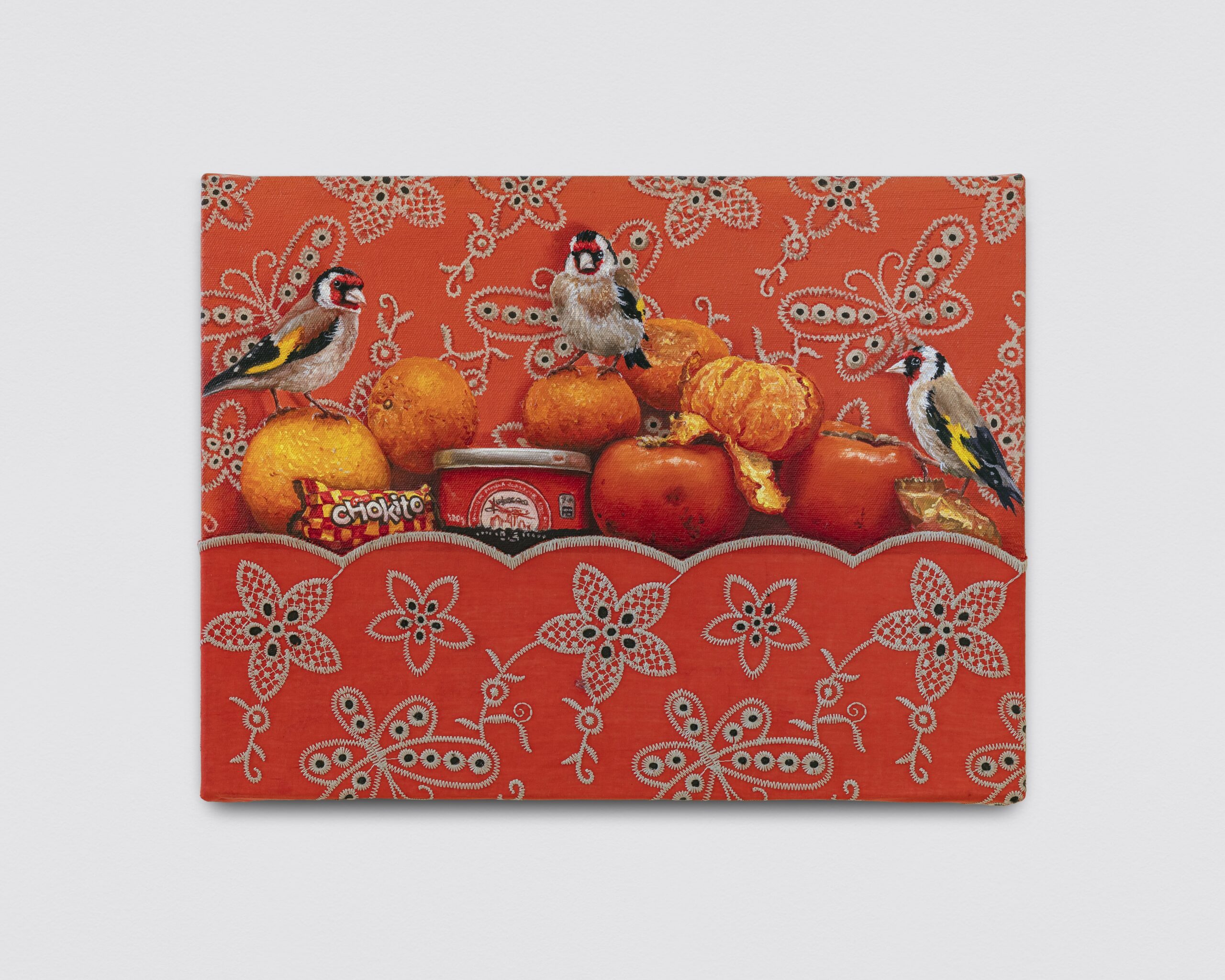 Ana Elisa Egreja<br><em>Still Life with Embroidered Fabric [Natureza Morta com Tecido Laranja]</em>, 2026<br>Oil and fabric on canvas<br>11 3/4 x 15 3/4 inches / 30 x 40 cm