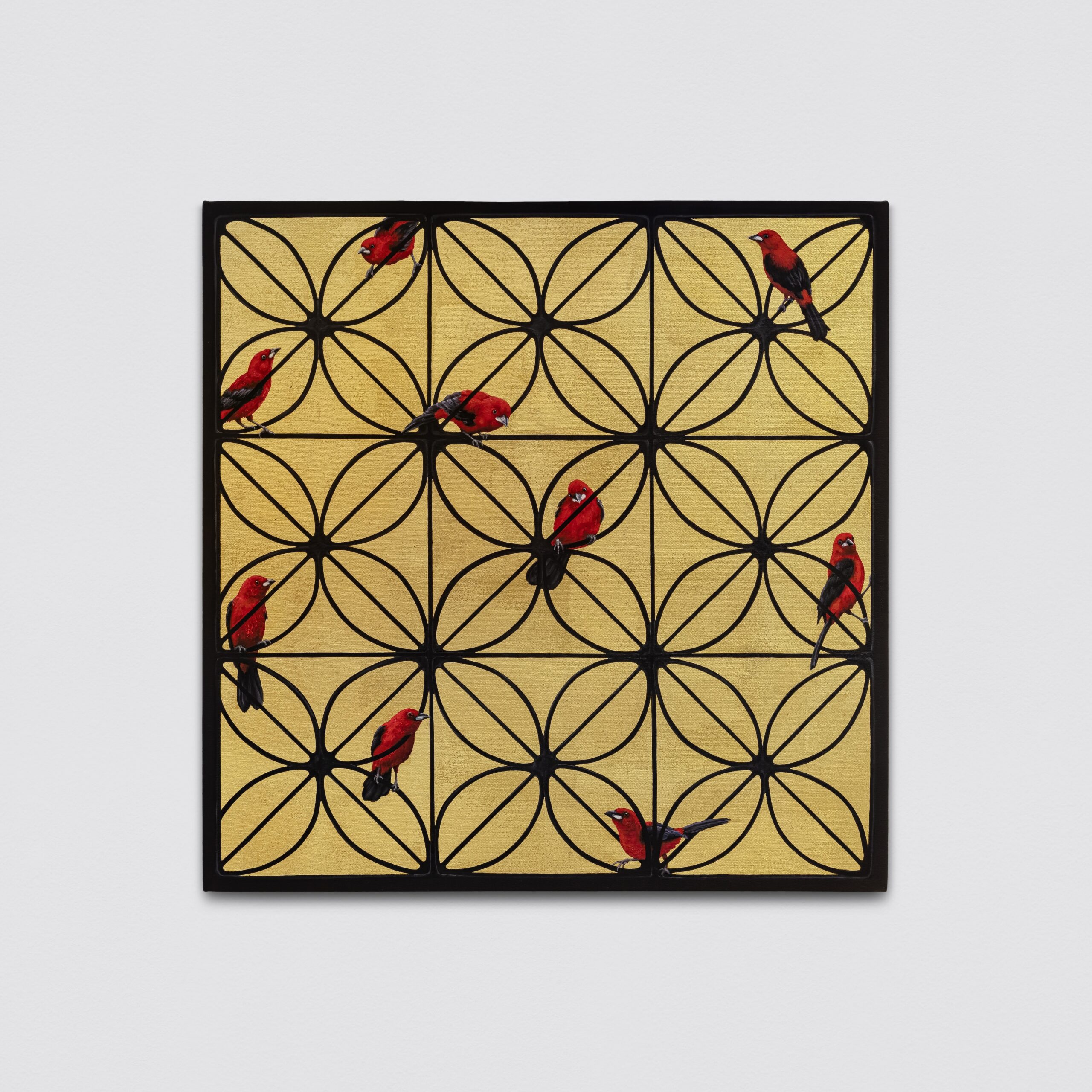Ana Elisa Egreja<br><em>Window with Scarlet Tanagers and a Golden Sky [Janela com Tiês-Sangue e Céu de Ouro]</em>, 2026<br>Oil and 24 karat gold leaf on canvas<br>31 1/2 x 31 1/2 inches / 80 x 80 cm