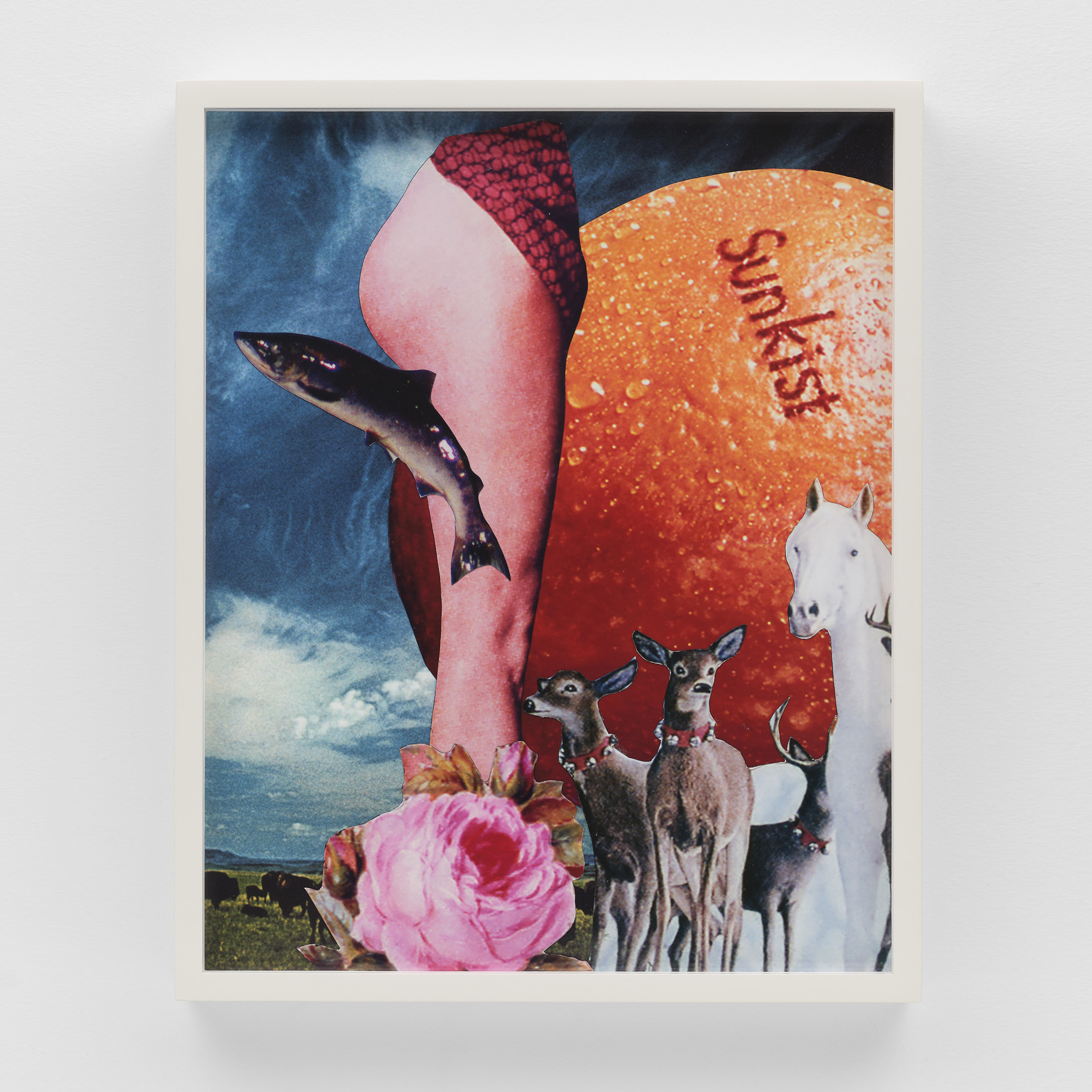 Trevor Paglen<br><em>bare skin globe silver cervids blossom sky (Gondola Wish, color_3634223)</em>, 2026<br>Collage<br> 16 3/8 x 13 1/4 x 1 1/2 inches / 41.6 x 33.7 x 3.8 cm
