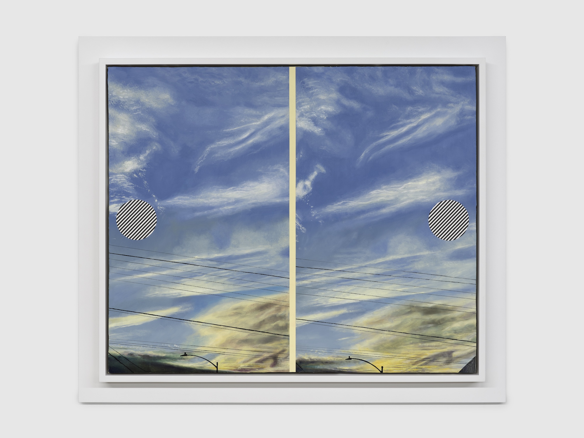 Julian Hoeber<br><em>Sunrise</em>, 2026<br>Oil, acrylic, graphite, Flashe, and water-based silkscreen ink on linen over panel<br>36 3/4 x 42 3/4 x 2 3/4 inches / 93.3 x 108.6 x 7 cm