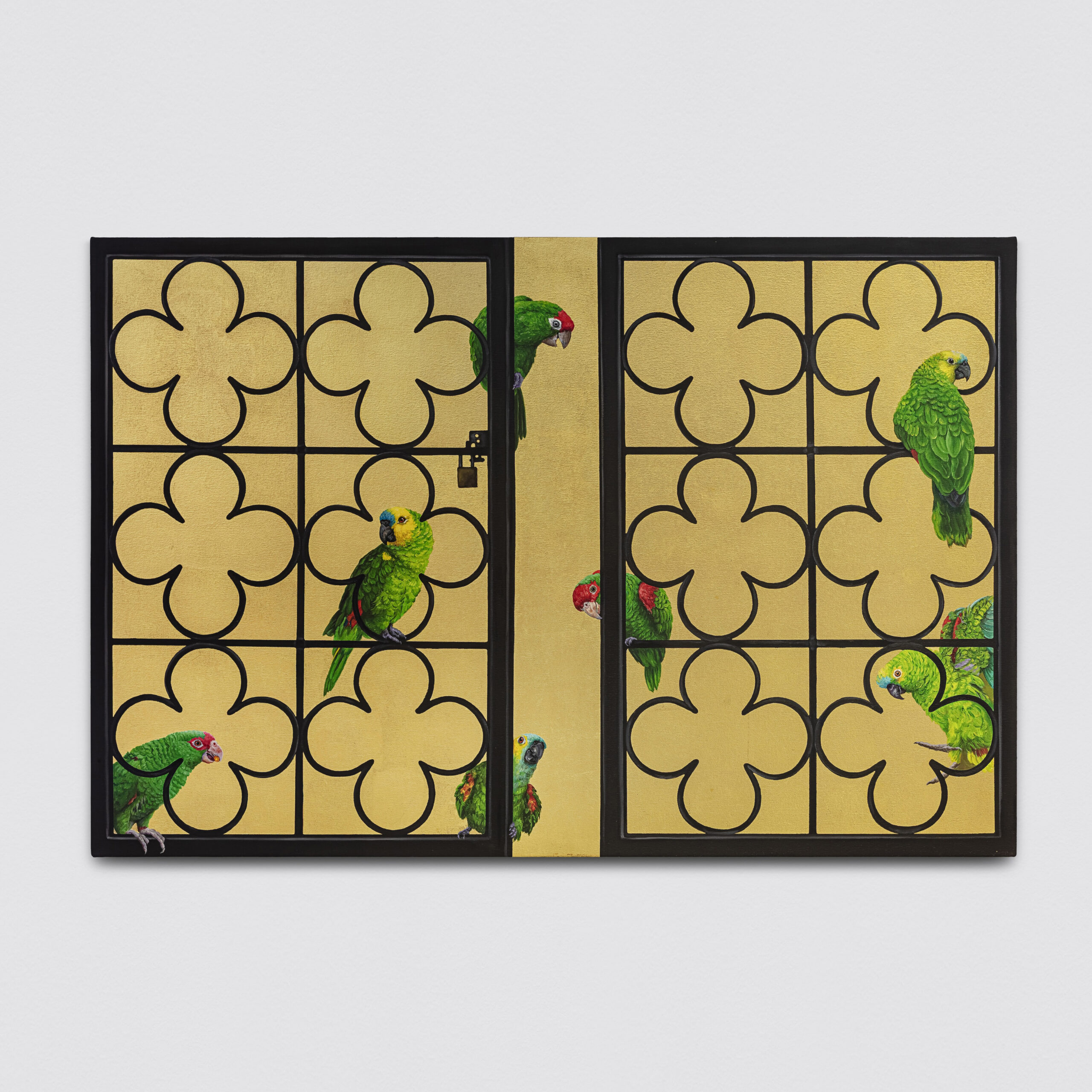 Ana Elisa Egreja<br><em>Window with Parrots and a Golden Sky [Janela com Papagaios e Céu de Ouro]</em>, 2026<br>Oil and 24 karat gold leaf on canvas<br>31 1/2 x 47 1/4 inches / 80 x 120 cm