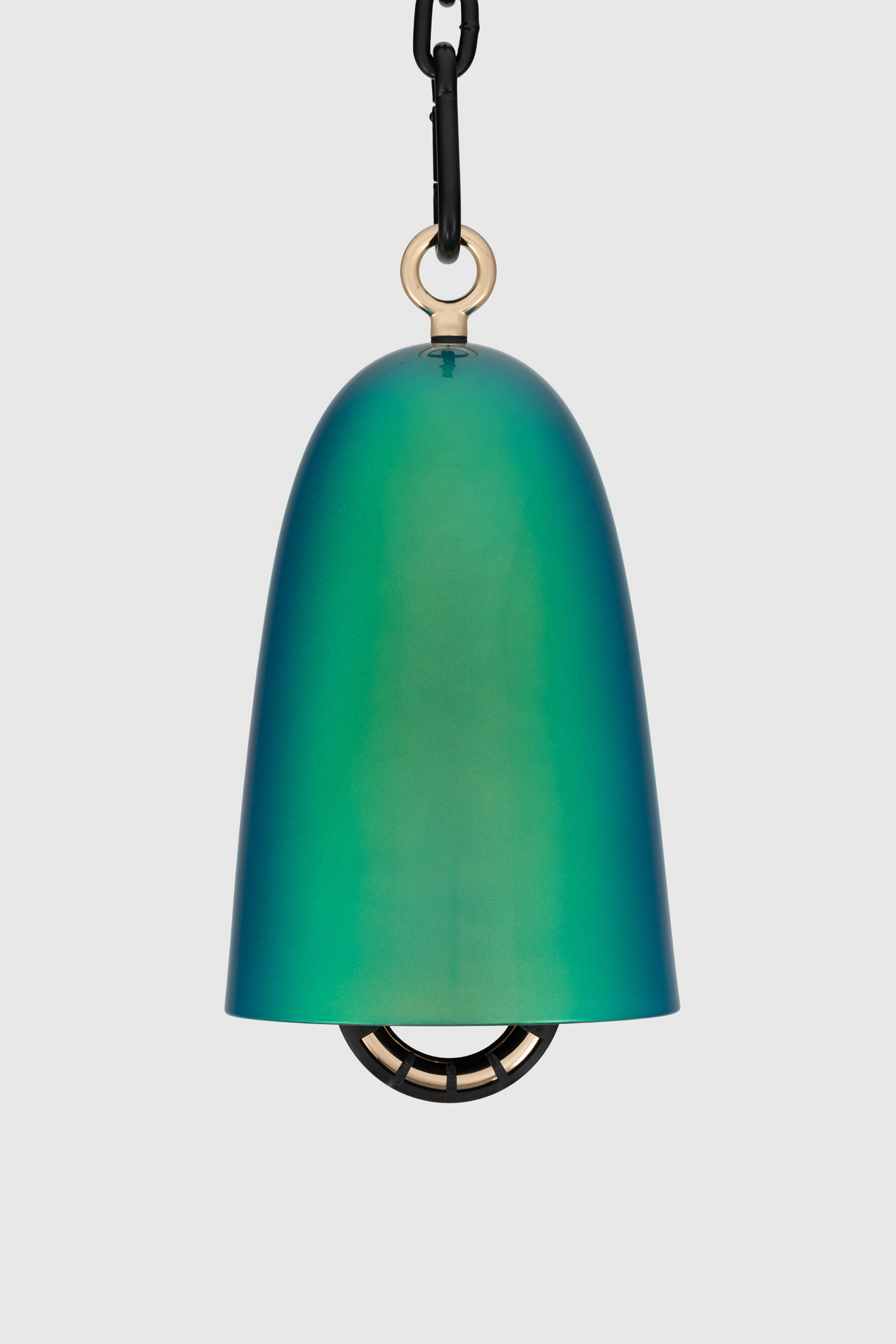 Davina Semo<br><em>Verdure</em>, 2026<br>Cast bronze bell, UV protected 3-stage catalyzed urethane automotive finish, polished solid bronze clapper with sleeve, hemp shibari rope, polished and plated stainless steel hardware, powder-coated stainless steel hardware, and powder-coated zinc-plated steel chain<br>13 3/4 x 8 x 8 inches / 34.9 x 20.3 x 20.3 cm