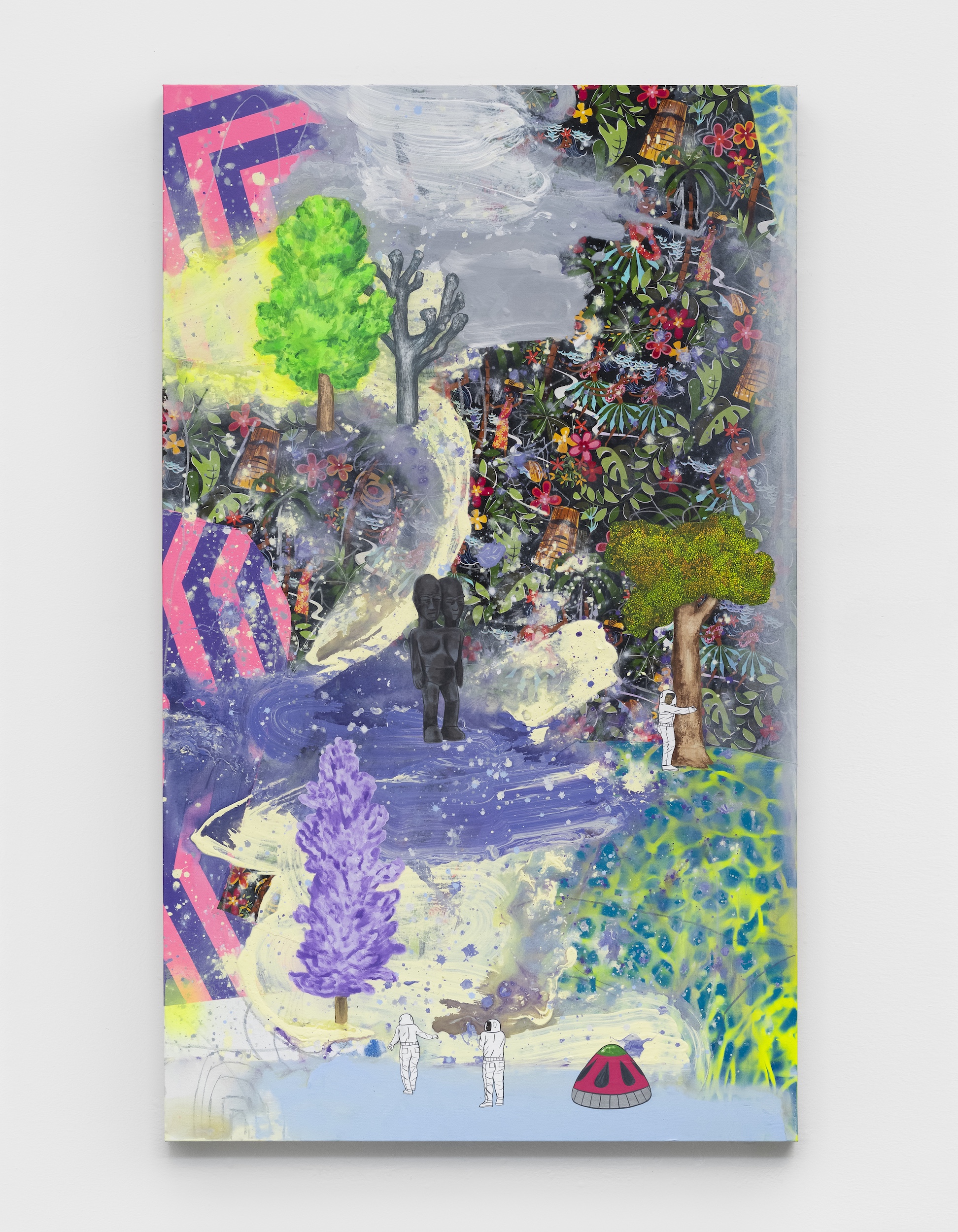 David Huffman<br><em>I Can See the Stars All the Way from Here</em>, 2026<br>Acrylic, gouache, vintage fabric, laser print, spray paint and color pencil on canvas<br>60 x 36 inches / 152.4 x 91.4 cm