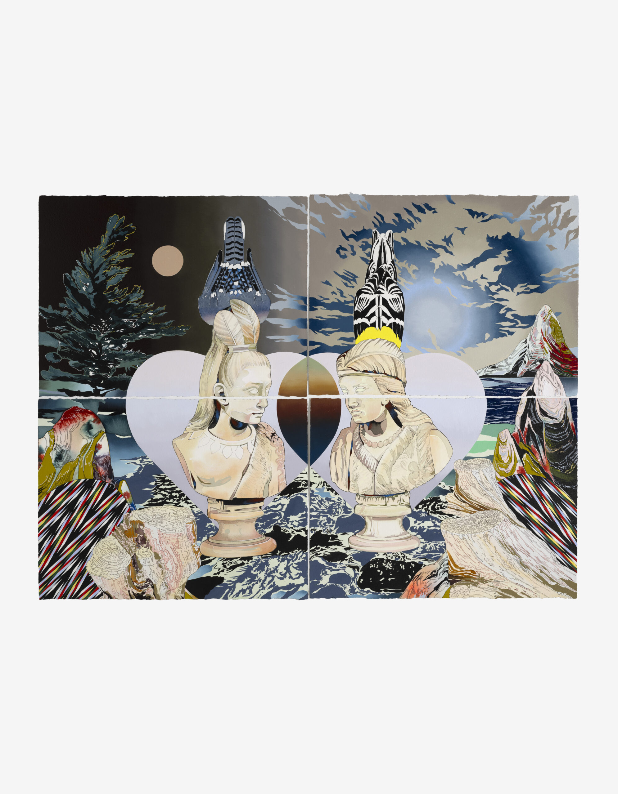 Andrea Carlson<br><em>For Edmonia</em>, 2026<br>Oil, sumi ink, color pencil, ink, and gouache on paper with archival spray varnish<br>45 x 60 inches / 114.3 x 152.4 cm