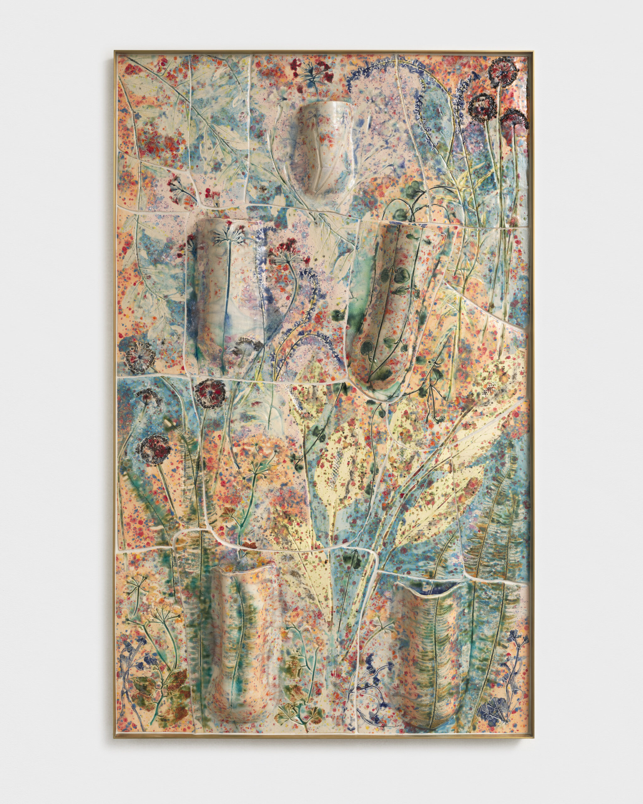 Sam Falls<br><em>Whole World</em>, 2026<br>Glazed ceramic, mortar, grout, and brass<br>53 1/2 x 32 1/2 x 4 1/2 inches / 135.9 x 82.5 x 11.4 cm