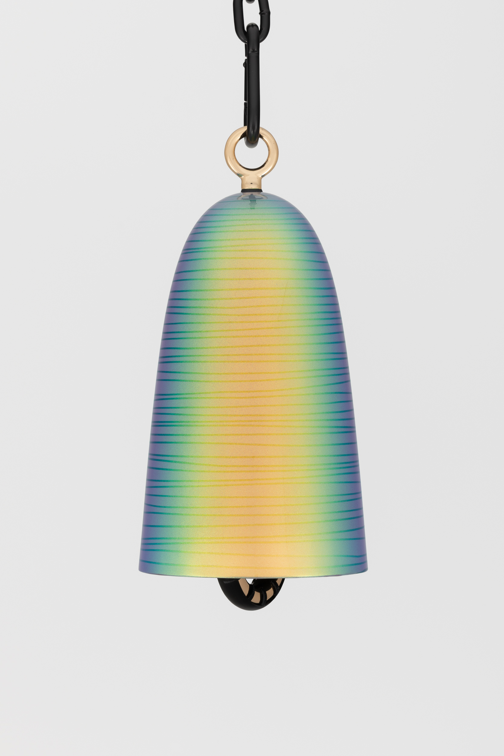Davina Semo<br><em>Mystic</em>, 2026<br>Cast bronze bell, UV protected 3-stage catalyzed urethane automotive finish, polished solid bronze clapper with sleeve, hemp shibari rope, polished and plated stainless steel hardware, powder-coated stainless steel hardware, powder-coated zinc-plated steel chain<br>13 3/4 x 7 x 7 inches / 34.9 x 17.8 x 17.8 cm