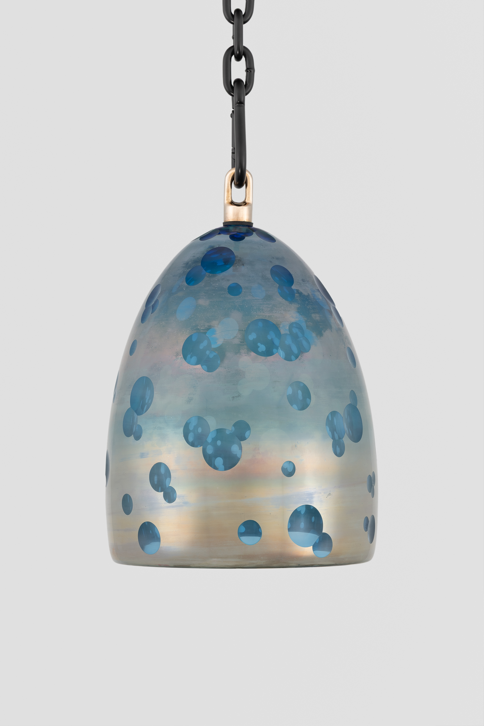 Davina Semo<br><em>Sky</em>, 2026<br>Blown glass bell, polished bronze hardware, powder-coated stainless steel hardware, and powder-coated zinc-plated steel chain<br>14 x 9 1/4 x 9 1/4 inches / 35.6 x 23.5 x 23.5 cm