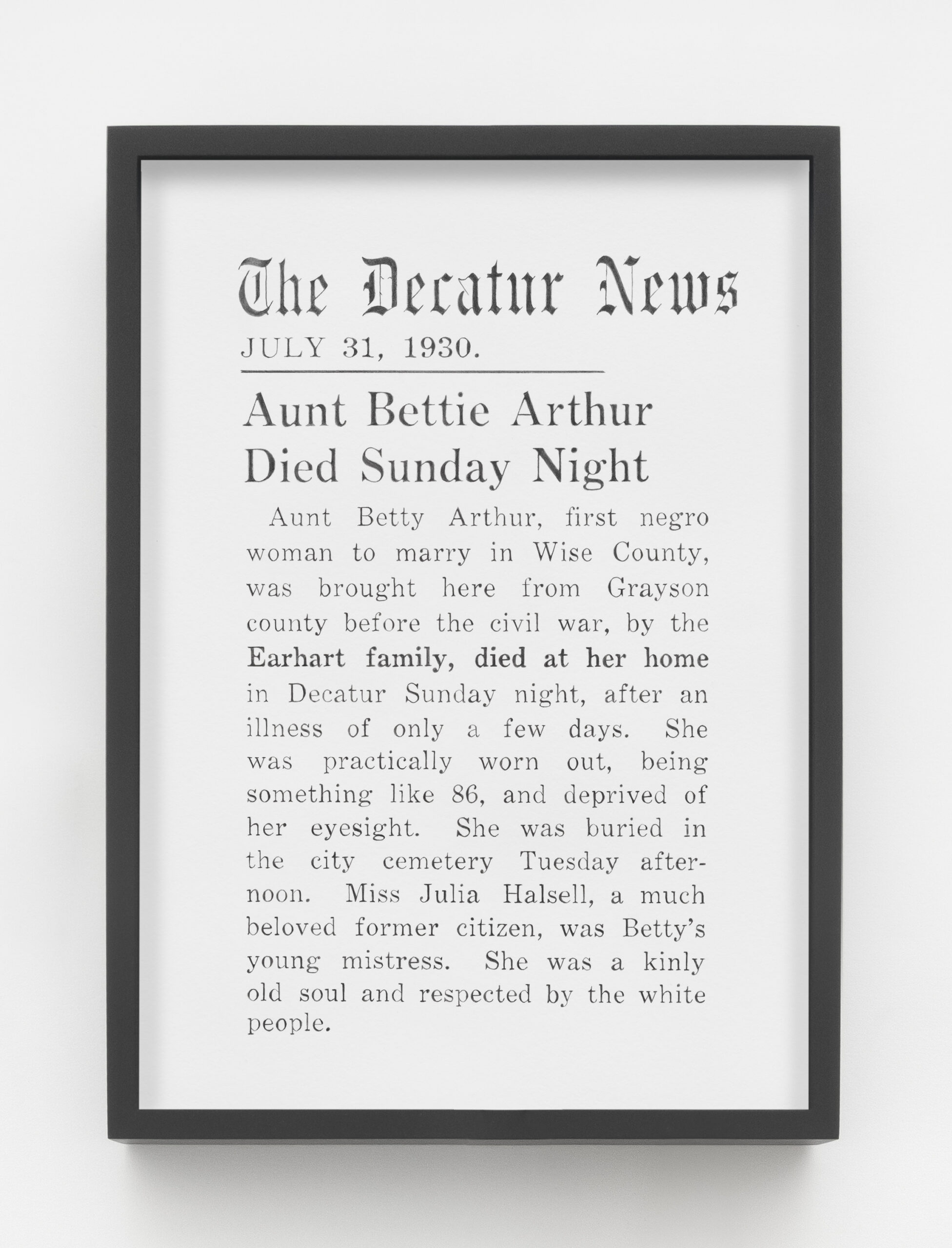 Lava Thomas<br><em>Her Obituary</em>, 2026<br>Graphite and carbon on paper<br>22 1/2 x 16 3/8 x 2 inches / 57.1 x 41.6 x 5.1 cm