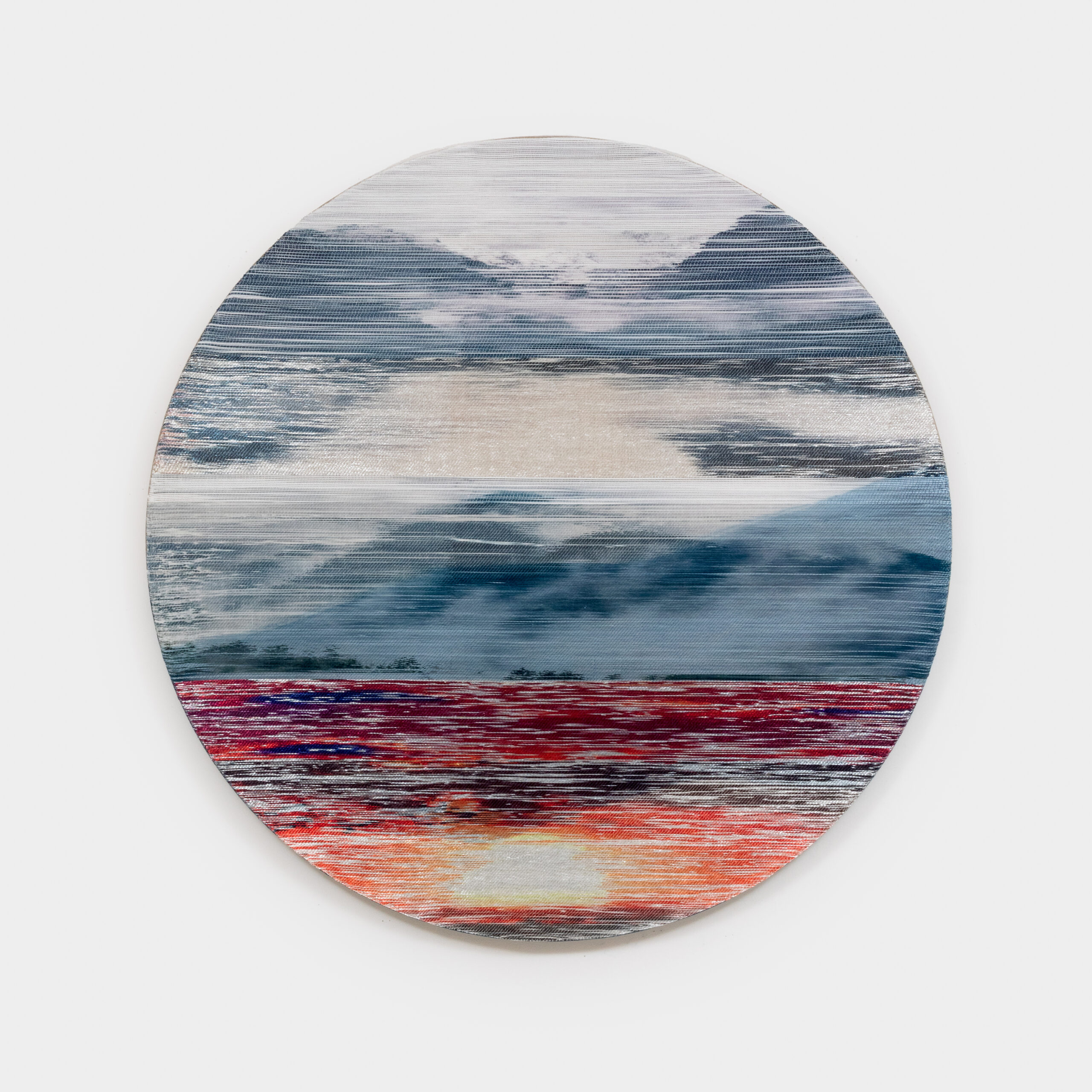 Margo Wolowiec<br><em>Ascent</em>, 2026<br>Handwoven polymer thread, linen thread, sterling silver-leafed thread, dye sublimation ink, indigo dye, mounted on indigo dyed linen support<br>50 x 50 x 2 inches / 127 x 127 x 5.1 cm