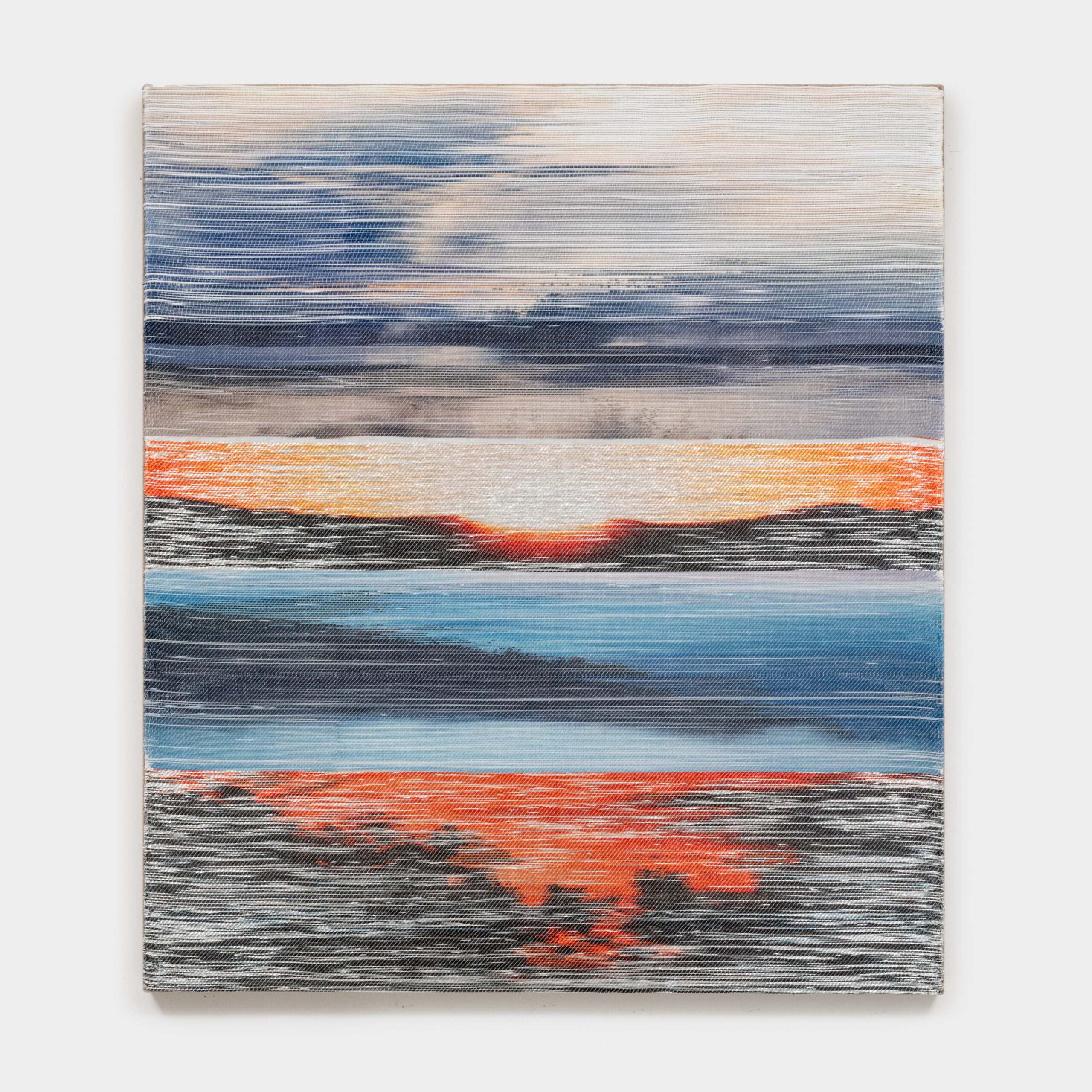 Margo Wolowiec<br><em>Dusk to Dawn</em>, 2026<br>Handwoven polymer thread, linen thread, sterling silver-leafed thread, dye sublimation ink, mounted on linen support<br>46 x 40 x 2 inches / 116.8 x 101.6 x 5.1 cm