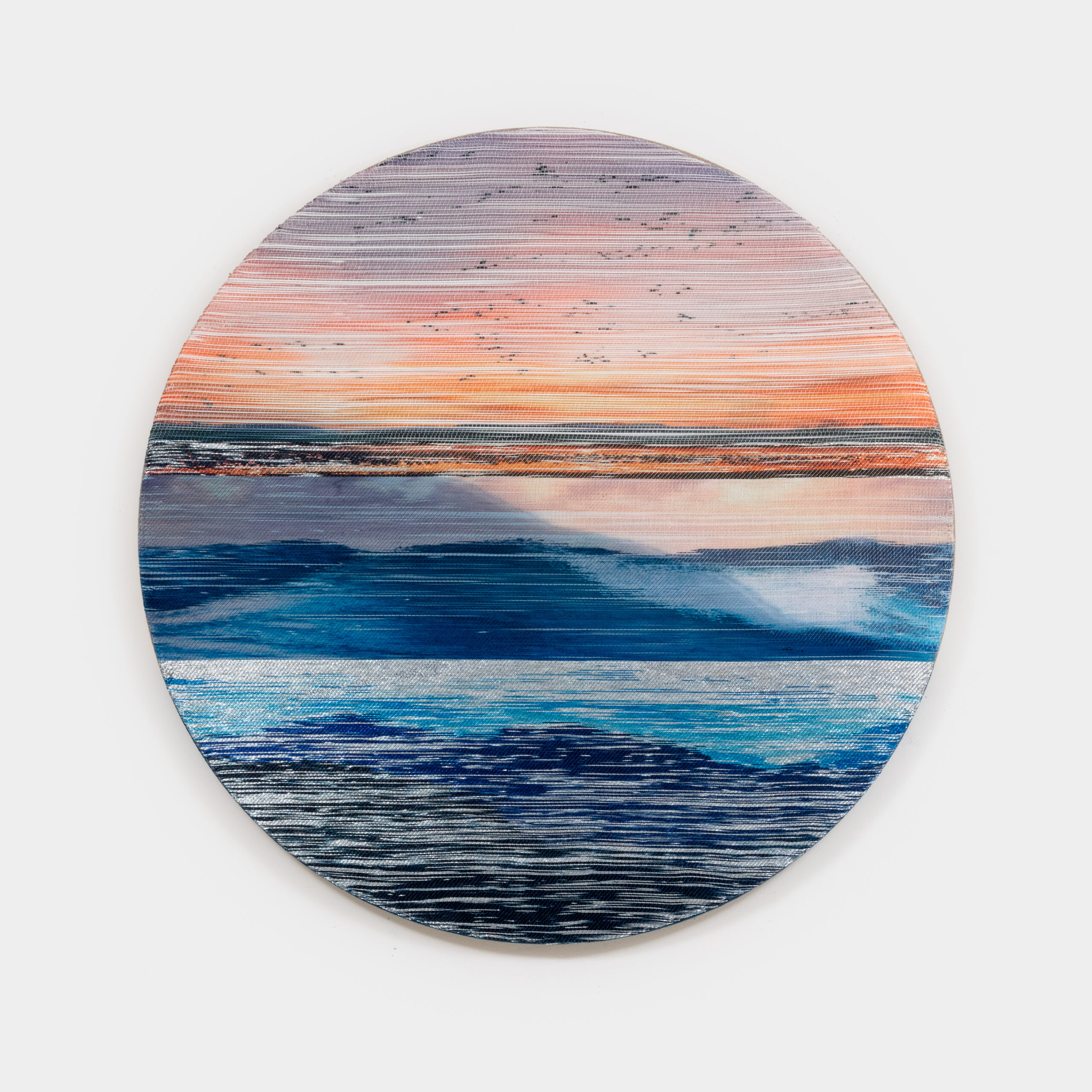 Margo Wolowiec<br><em>Migration</em>, 2026<br>Handwoven polymer thread, linen thread, sterling silver-leafed thread, dye sublimation ink, indigo dye, mounted on indigo dyed linen support<br>40 x 40 x 2 inches / 101.6 x 101.6 x 5.1 cm