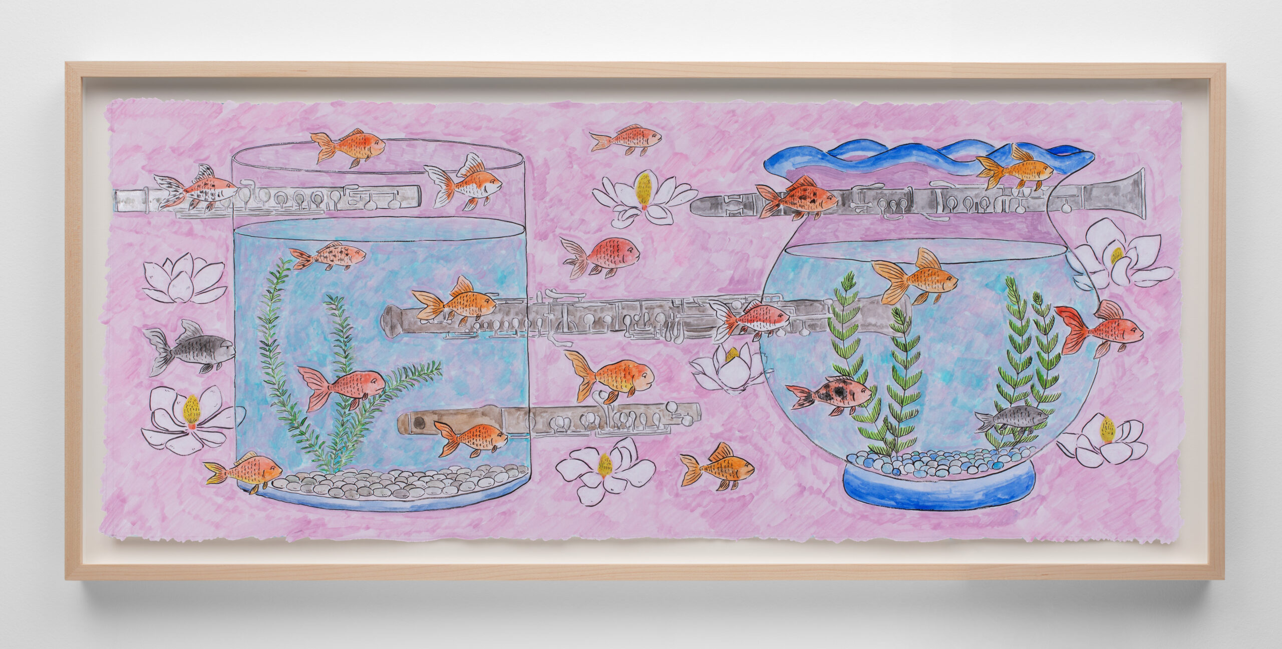 Atsushi Kaga<br><em>Magnolias and Flutes</em>, 2025<br>Sumi ink and watercolor on paper<br>16 x 37 x 1 1/2 inches / 40.6 x 94 x 3.8 cm