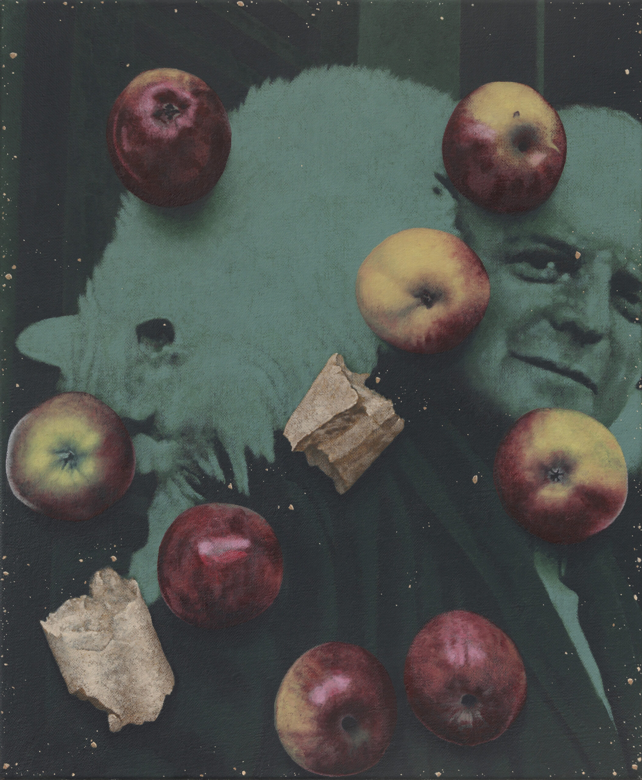 <p>Oliver Osborne<br /><em>Portrait of Paul Klee with cat, bread, and apples</em>, 2018<br />Oil on linen<br />18 1/8 x 15 inches / 46 x 38 cm</p>
