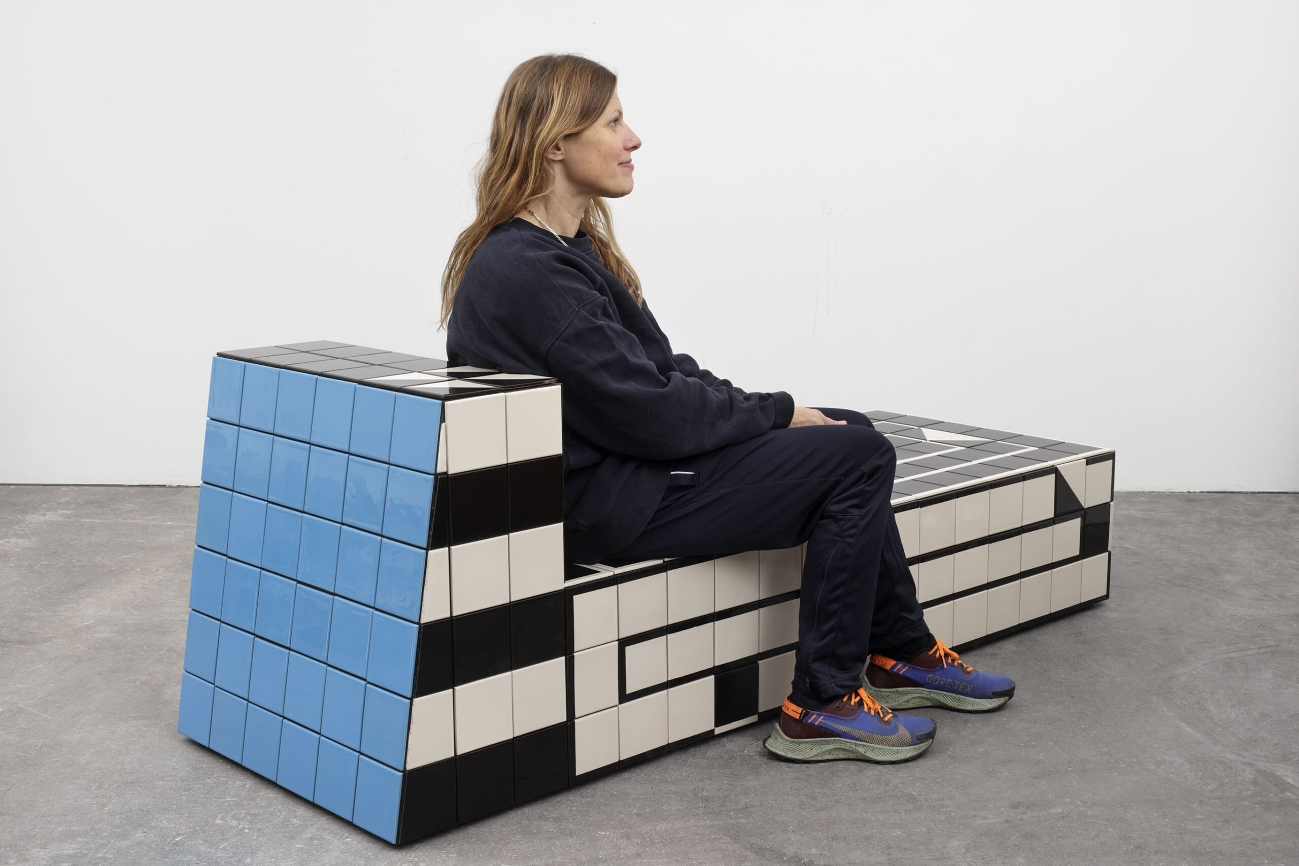 Claudia Wieser<br><em>Untitled</em>, 2023<br>Glazed ceramic painted tiles on MDF<br>25 1/4 x 24 1/4 x 68 inches / 64.1 x 61.6 x 172.7 cm