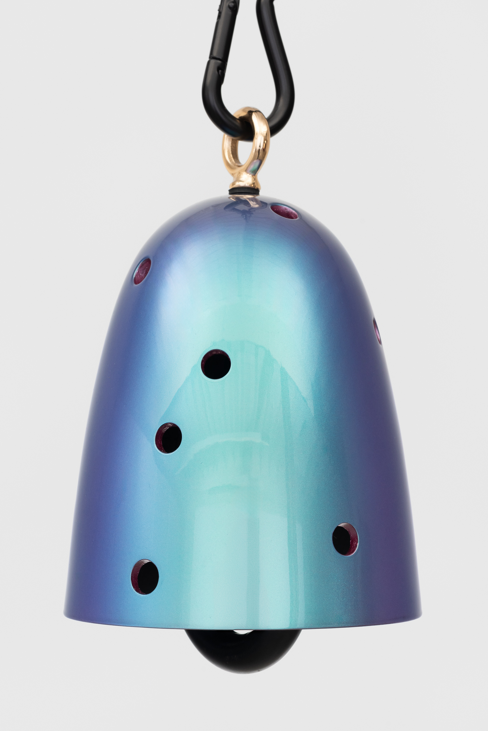 Davina Semo<br><em>Aura</em>, 2025<br>Cast bronze bell, UV protected 3-stage catalyzed urethane automotive finish, solid bronze clapper, hemp shibari rope, polished and plated stainless steel hardware, powder-coated stainless steel hardware, powder-coated zinc-plated steel chain<br>10 x 6 x 6 inches / 25.4 x 15.2 x 15.2 cm