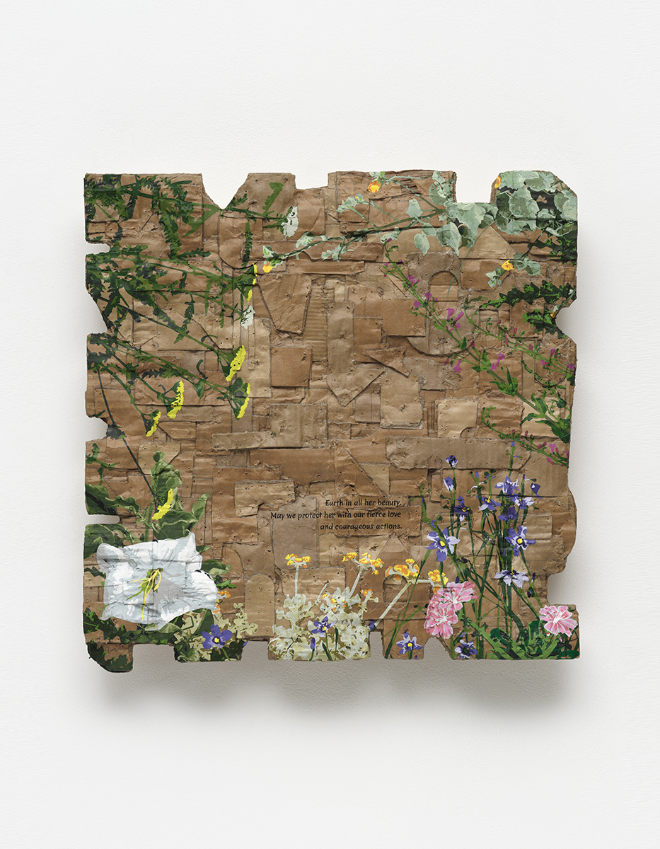 Andrea Bowers<br><em>Earth In All Her Beauty (Passage from Deena Metzger, “The Medicine For These Times”, Desperate Love Letters to a Wounded Earth, June 25th, 2025), Local Plant Studies</em>, 2025<br>Acrylic on cardboard<br>20 x 20 x 3 inches / 50.8 x 50.8 x 7.6 cm
