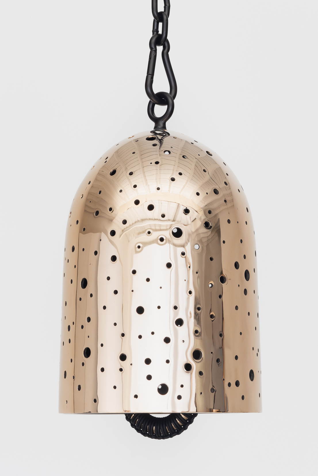 Davina Semo<br><em>Twinkle</em>, 2025<br>Polished and patinated cast bronze bell, leather-wrapped polished bronze clapper, hemp shibari rope, powder-coated stainless steel hardware, powder-coated zinc-plated steel chain<br>15 x 10 1/4 x 10 1/4 inches / 38.1 x 26 x 26 cm