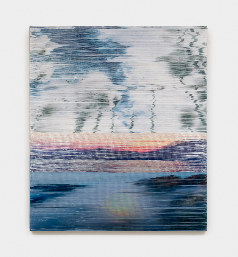 Margo Wolowiec<br><em>Above the Sun</em>, 2026<br>Handwoven polymer thread, linen thread, sterling silver-leafed thread, dye sublimation ink, indigo dye, mounted on indigo-dyed linen support<br>46 x 40 x 2 inches / 116.8 x 101.6 x 5.1 cm