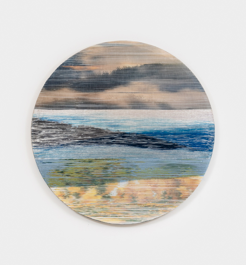 Margo Wolowiec<br><em>Blue Drift</em>, 2026<br>Handwoven polymer thread, linen thread, sterling silver-leafed thread, dye sublimation ink, indigo dye, mounted on indigo-dyed linen support<br>40 x 40 x 2 inches / 101.6 x 101.6 x 5.1 cm