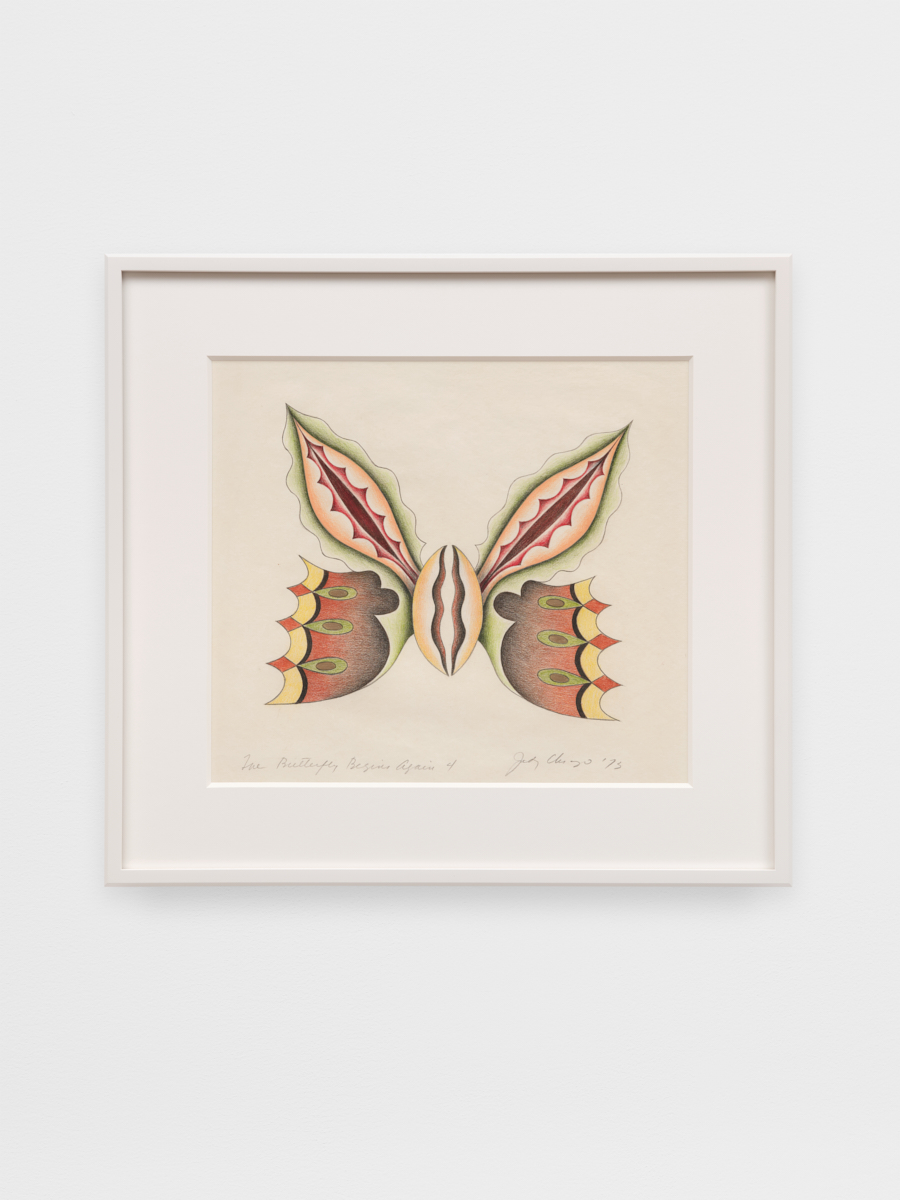 Judy Chicago<br><em>The Butterfly Begins Again 4</em>, 1973<br>Prismacolor on rag paper<br>17 1/4 x 18 3/4 x 1 1/4 inches / 43.8 x 47.6 x 3.2 cm