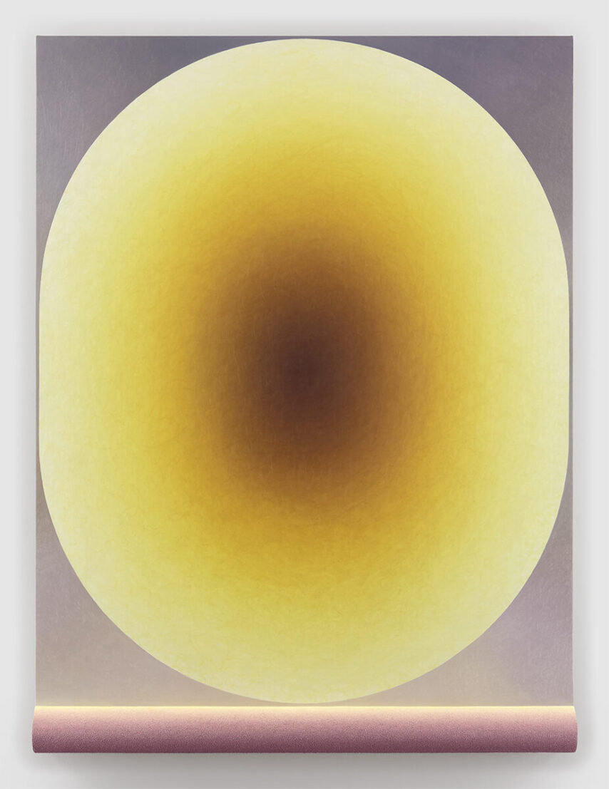 Loie Hollowell<br><em>Yellow Brain on soft pink shoulders</em>, 2026<br>Oil, acrylic medium, and high-density foam on linen over aluminum e-panel<br>48 x 36 x 3 1/2 inches / 121.9 x 91.4 x 8.9 cm