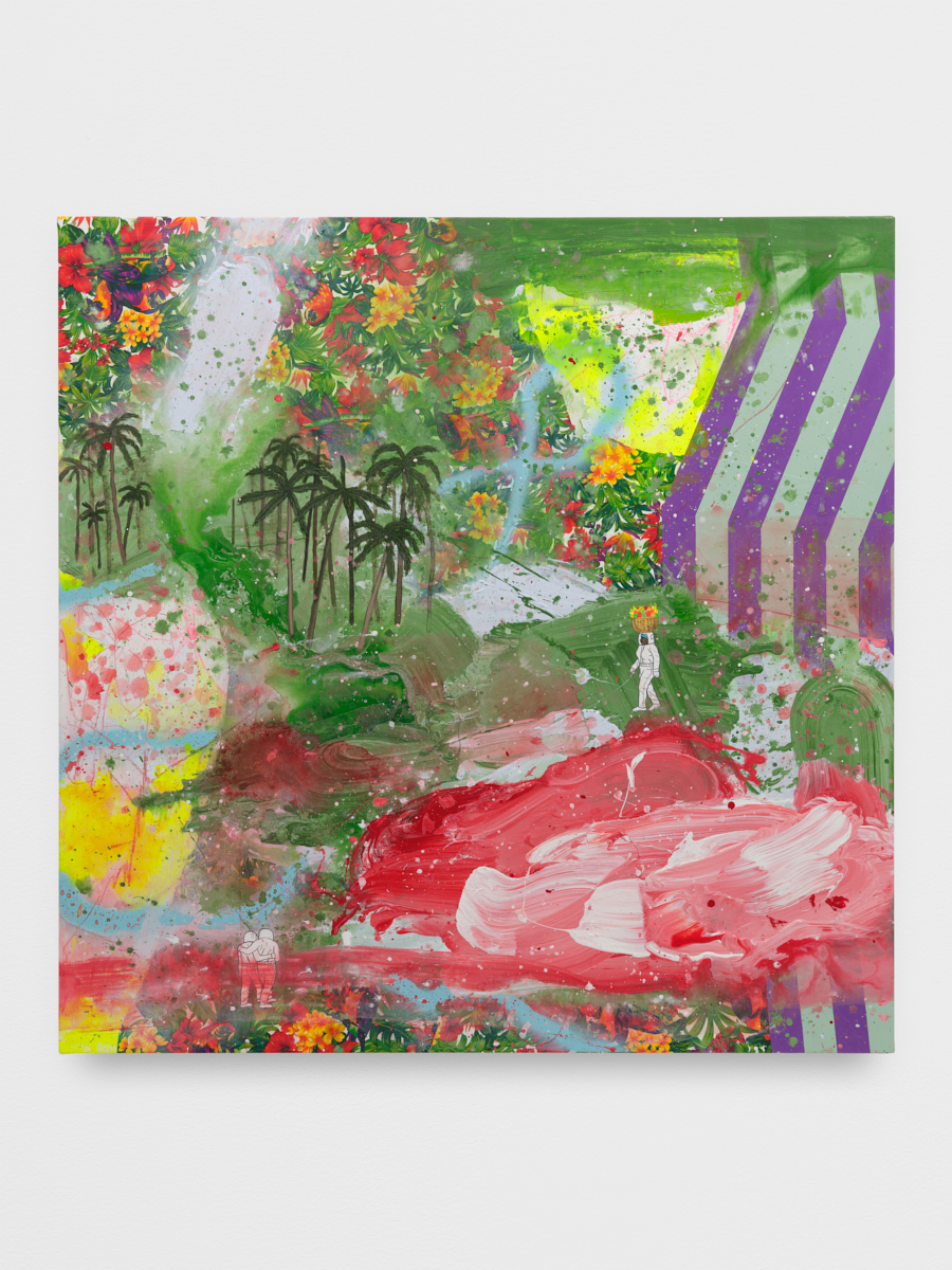 David Huffman<br><em>Tanzania</em>, 2026<br>Acrylic, gouache, vintage fabric, spray paint, and color pencil on canvas<br>48 x 48 x 2 1/2 inches / 121.9 x 121.9 x 6.3 cm