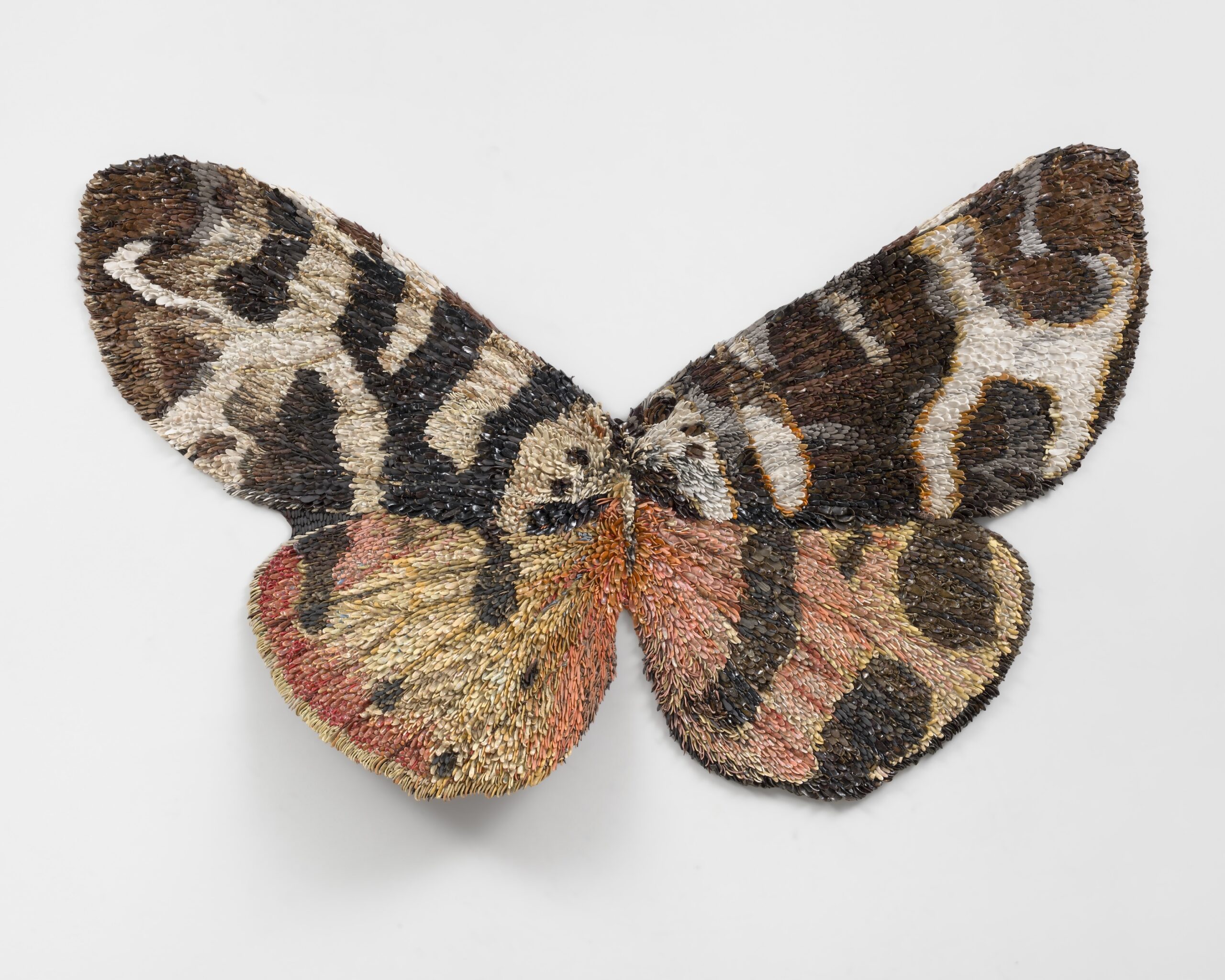 Rebecca Manson<br><em>Arctia</em>, 2026<br>Porcelain, glaze, adhesive, canvas, pigment, hardware, and thread<br>39 x 61 x 3 inches / 99.1 x 154.9 x 7.6 cm