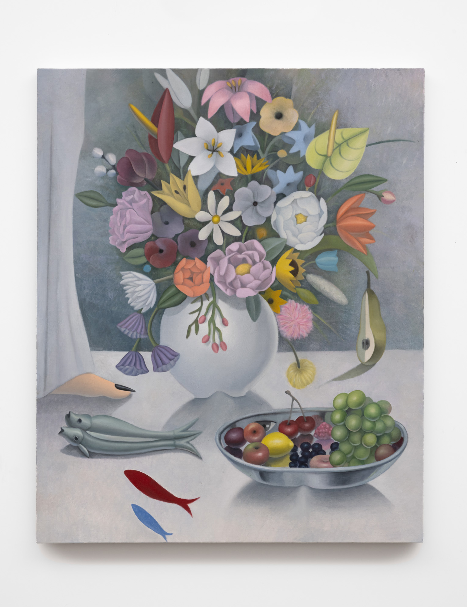 GaHee Park<br><em>Bouquet with a Visitor</em>, 2026<br>Oil on linen<br>48 x 39 x 1 1/2 inches / 121.9 x 99.1 x 3.8 cm