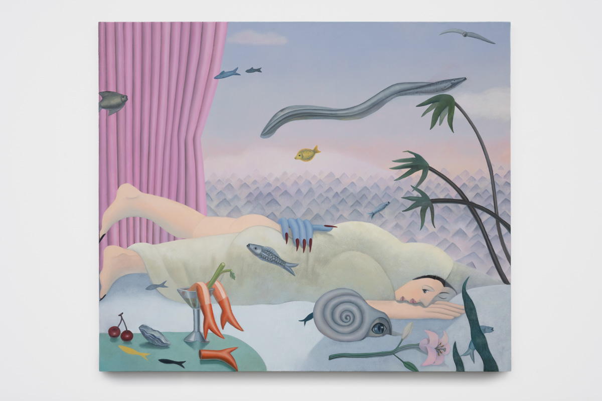 GaHee Park<br><em>Swimming with the Fish Tank</em>, 2026<br>Oil on linen<br>68 x 80 x 1 1/2 inches / 172.7 x 203.2 x 3.8 cm