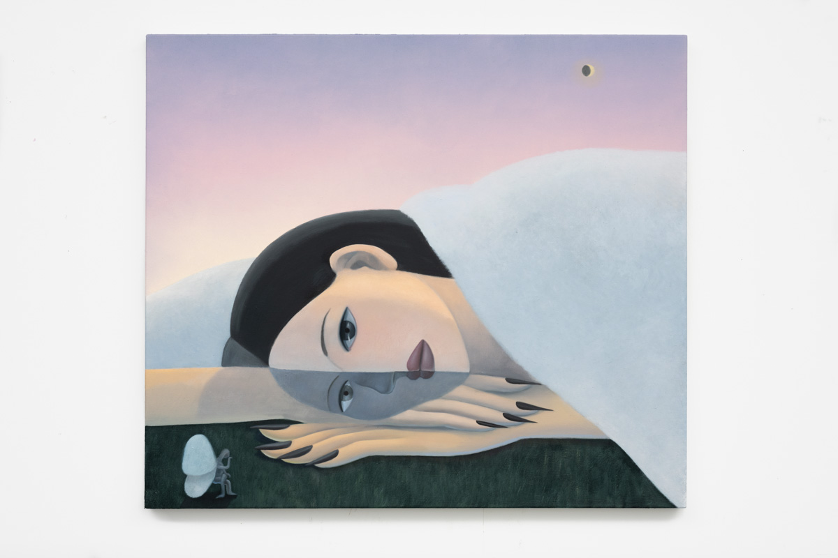 GaHee Park<br><em>Woman and Moth in Eclipse</em>, 2026<br>Oil on linen<br>35 x 40 x 1 1/2 inches / 88.9 x 101.6 x 3.8 cm