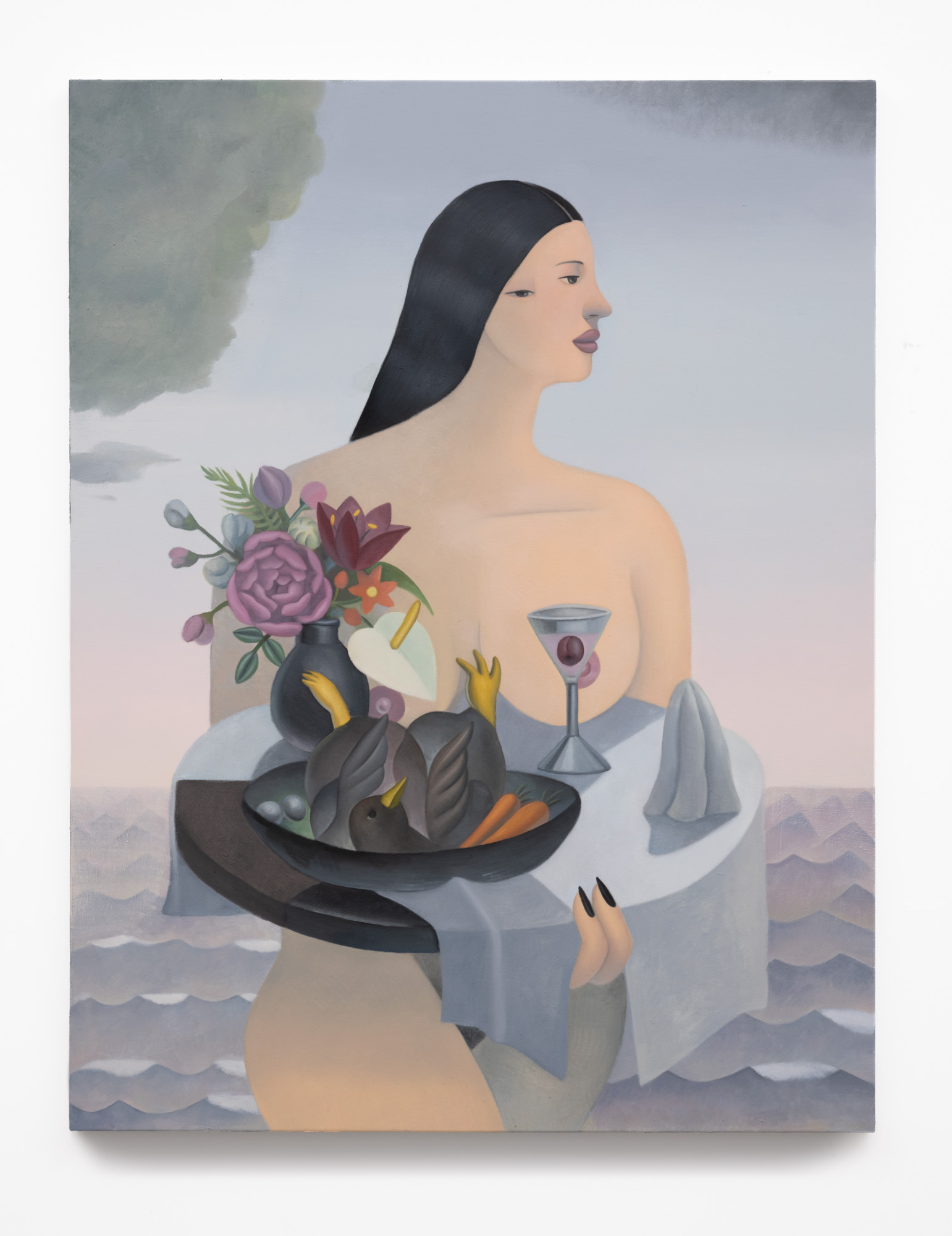 GaHee Park<br><em>Woman on the Beach with a Bird</em>, 2026<br>Oil on canvas<br>60 x 46 x 1 1/2 inches / 152.4 x 116.8 x 3.8 cm