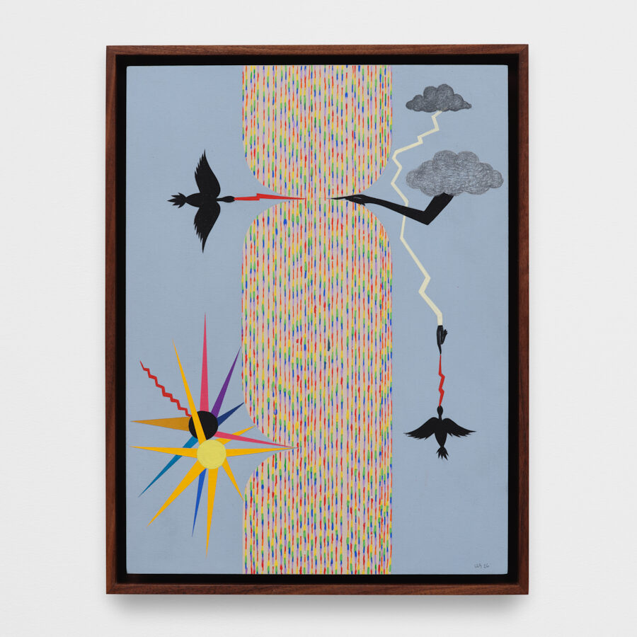 Clare Rojas<br><em>Connections</em>, 2026<br>Gouache and pastel pencil on paper over aluminum panel <br>13 x 10 x 1 1/8 inches / 33 x 25.4 x 2.8 cm