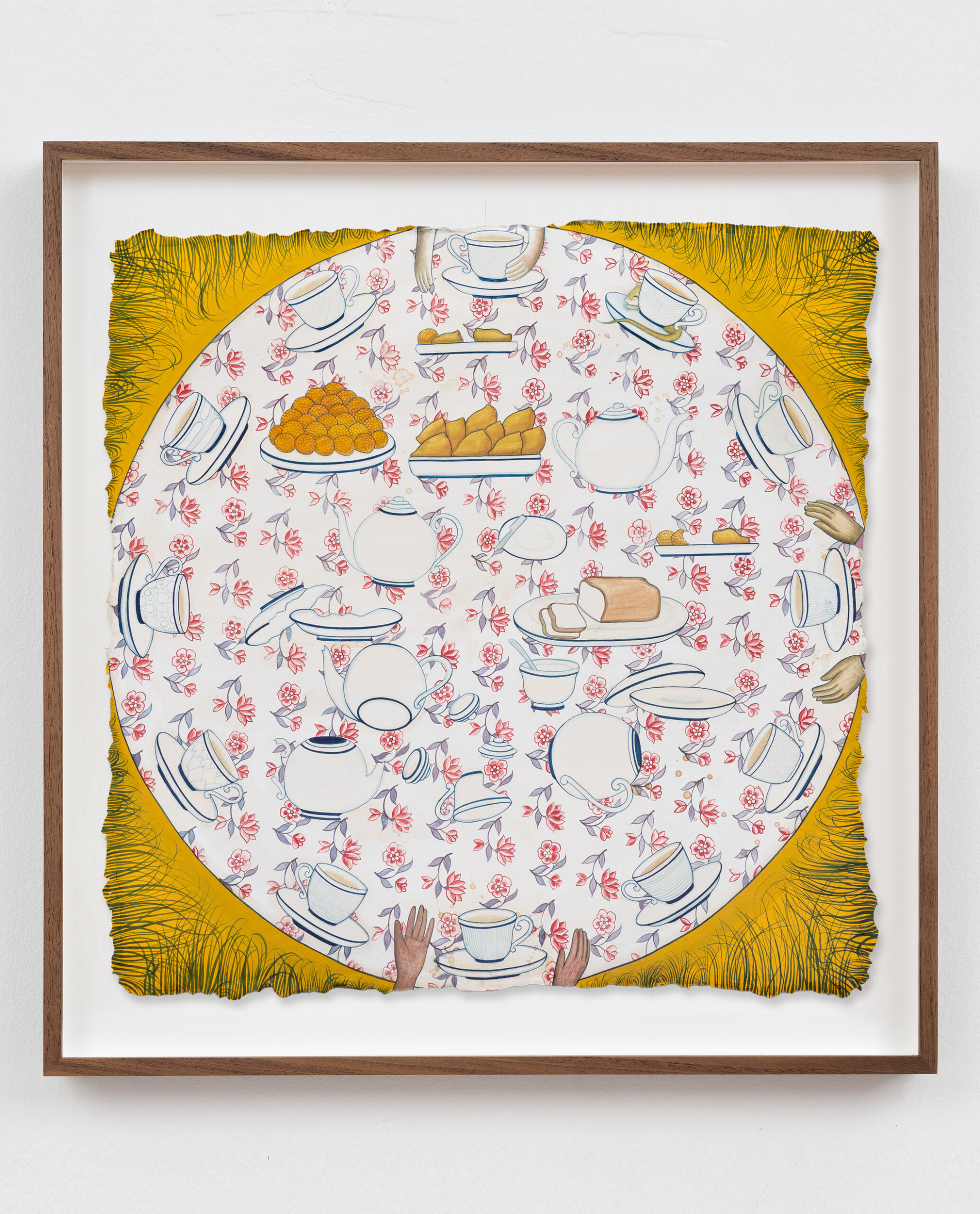 Rupy C. Tut<br><em>It's Always Tea O'Clock</em>, 2026<br>Handmade pigments on hemp paper<br>44 x 44 x 2 inches / 111.8 x 111.8 x 5.1 cm