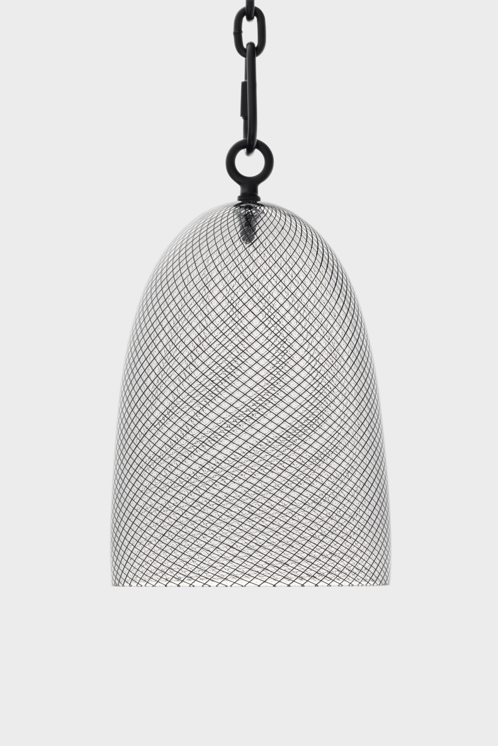 Davina Semo<br><em>Lattice</em>, 2026<br>Hand blown soda-lime glass bell, powder-coated stainless steel hardware, powder-coated steel hardware and chain with hardwood and natural rubber mallet<br>15 1/2 x 9 x 9 inches / 39.4 x 22.9 x 22.9 cm