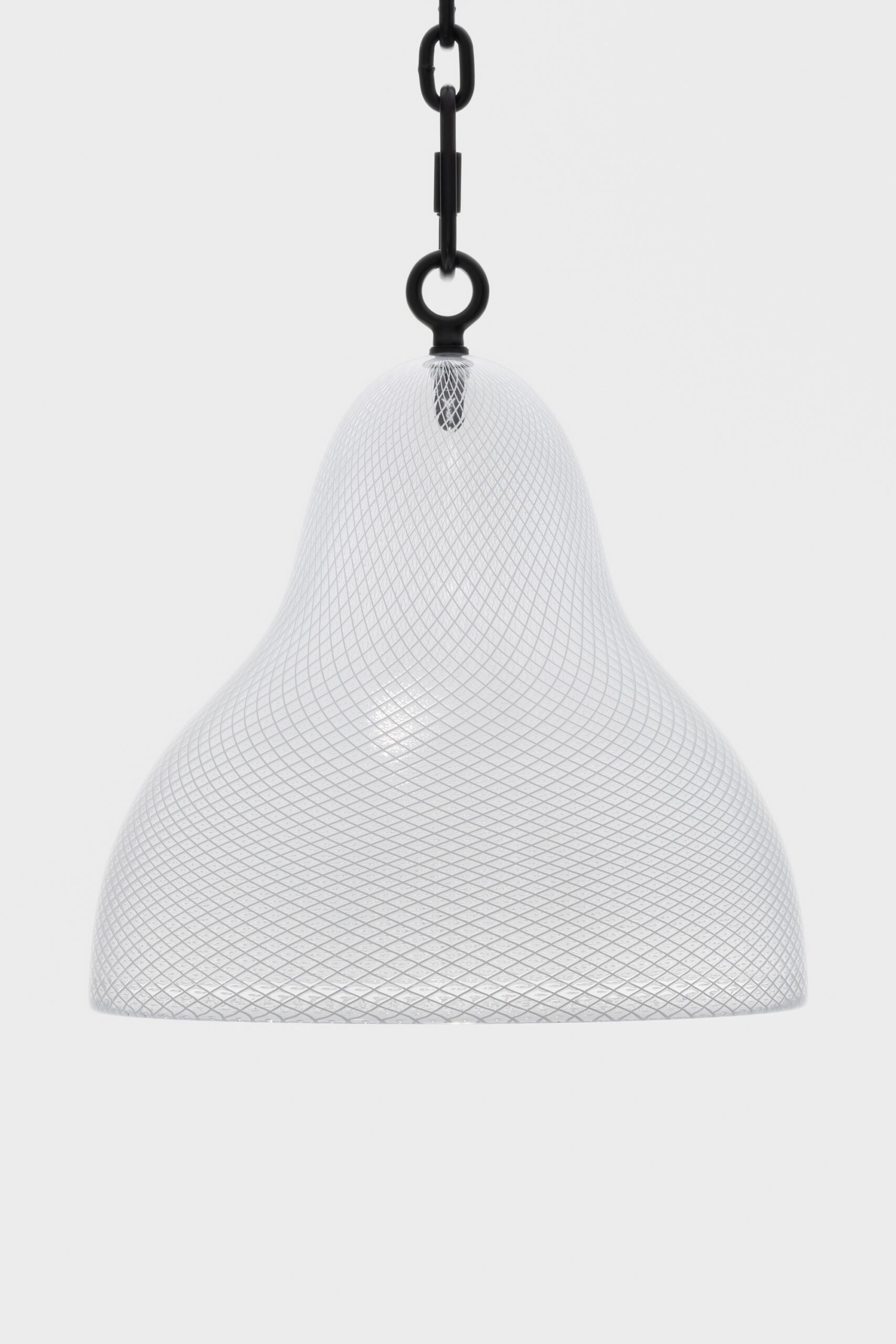 Davina Semo<br><em>Mesh</em>, 2026<br>Hand-blown soda-lime glass bell, powder-coated stainless steel hardware, powder-coated steel hardware and chain with hardwood and natural rubber mallet<br>15 1/2 x 14 1/2 x 14 1/2 inches / 39.4 x 36.8 x 36.8 cm