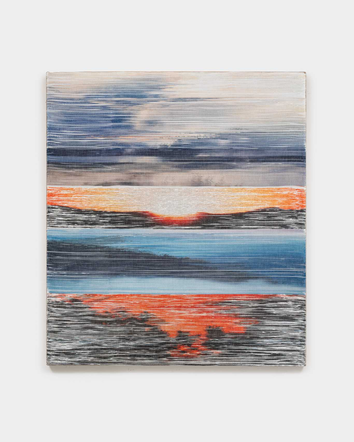 Margo Wolowiec<br><em>Dusk to Dawn</em>, 2026<br>Handwoven polymer thread, linen thread, sterling silver-leafed thread, dye sublimation ink, mounted on linen support<br>46 x 40 x 2 inches / 116.8 x 101.6 x 5.1 cm