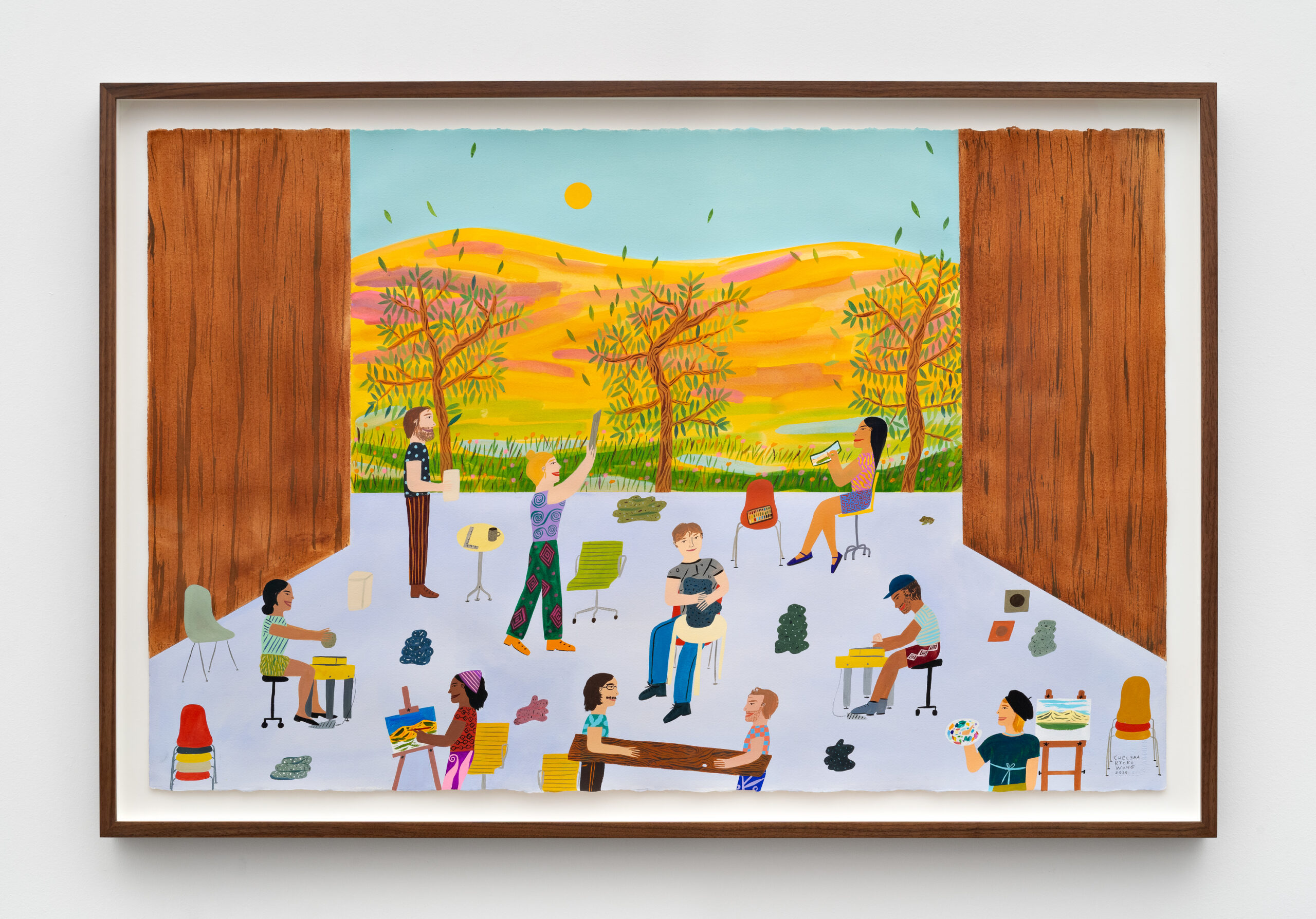 Chelsea Ryoko Wong<br><em>Off to Eames</em>, 2026<br>Watercolor and gouache on paper<br>29 1/2 x 43 1/2 x 1 3/4 inches / 74.9 x 110.5 x 4.4 cm